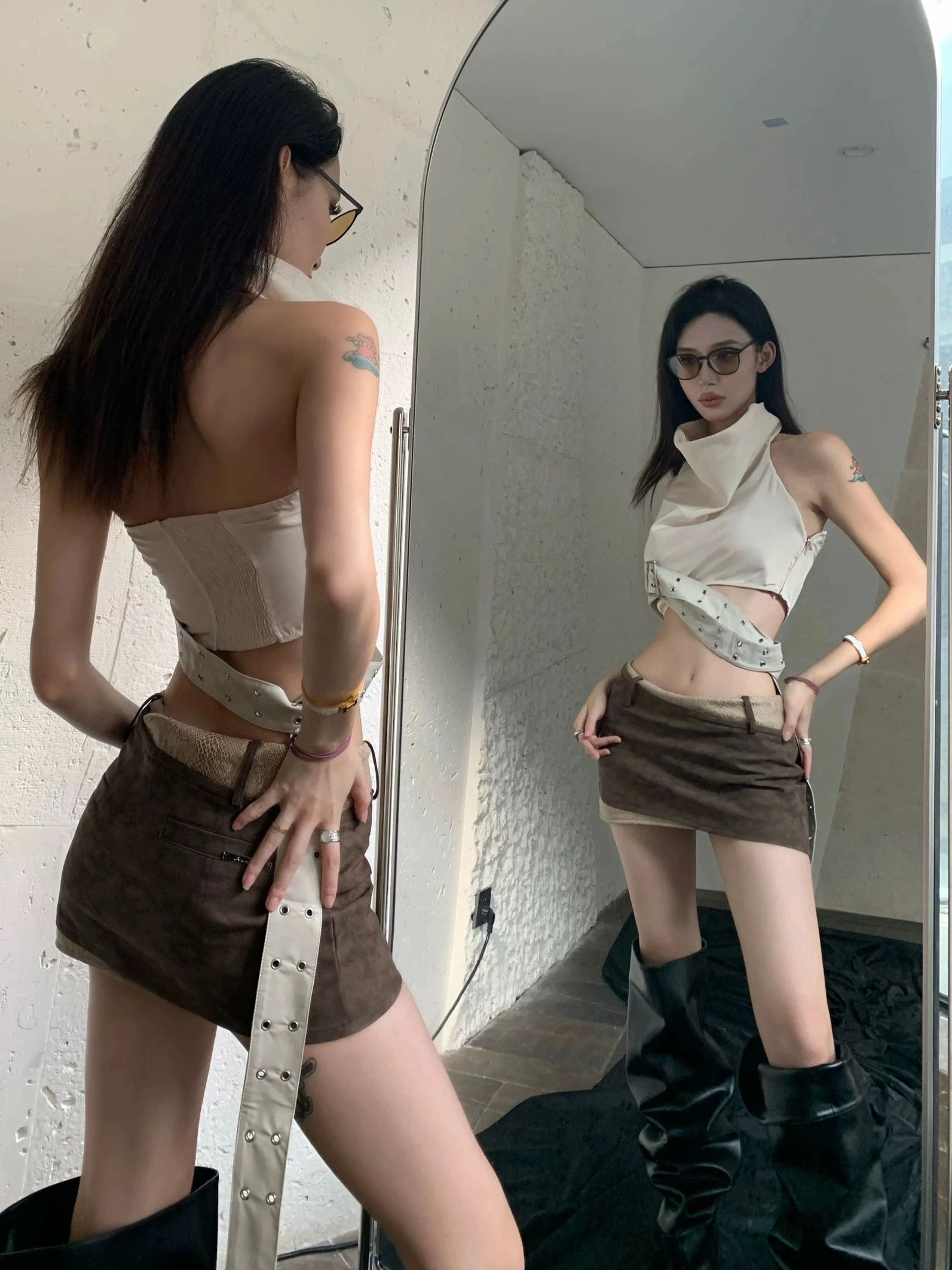 

American Style Hot Girl Vest Top And Short Skirt Set Neck Hanging Strap Outerwear Summer Fashion Women's Two-Piece Suit