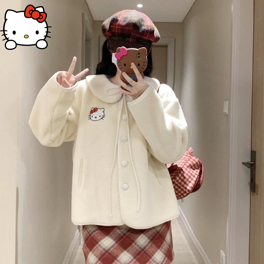 Cute Hello Kitty Lamb Wool Jacket Skirt Suit Kawaii Sanrioed Anime Autumn Kt Coat Cartoon Bow Tops Girls Student Fashion Sweet