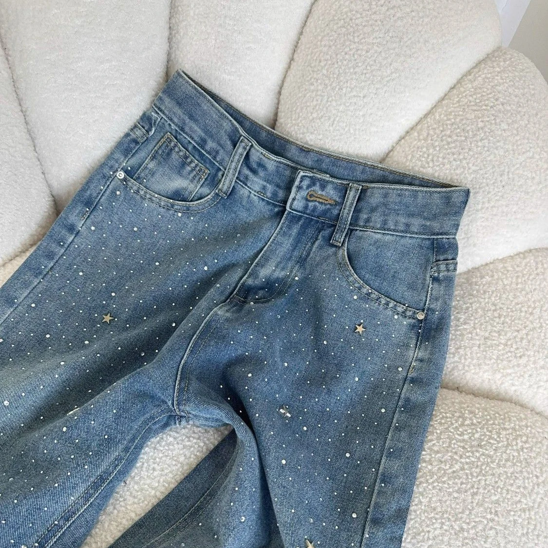 موضة حجر الراين الماس الأزرق مستقيم الساق النساء الجينز ريترو الشارع نمط عالية الخصر فضفاض بنطال ذو قصة أرجل واسعة جديد Y2k السراويل الطويلة #3