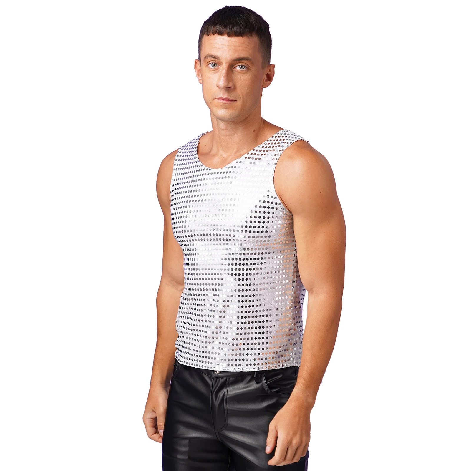 Mens Sleeveless Sequin Waistcoat Clubwear Nightclub Vest Tank Tops Loose Tops Shiny Christmas Performance Party Clothes