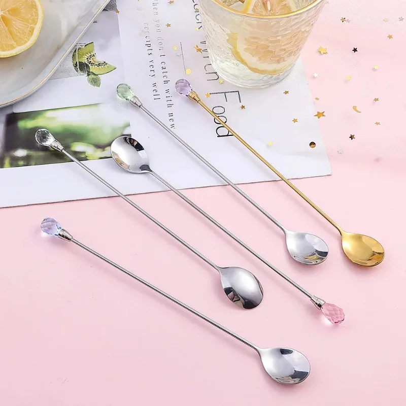 1pcs Coffee Stirring Spoon Stainless Steel Long Handle Ice Cream Dessert Spoon Crystal Mixing Spoon Tableware Kitchen Supplies