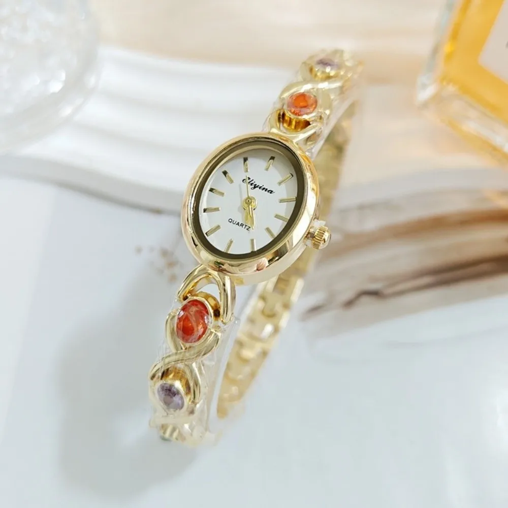 Simple Elegant Luxury Bangle Bracelet Color Gem Round Shape Wristwatches Exquisite Alloy Quartz Watch Fashion Accessory