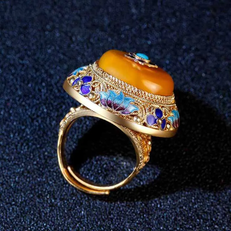 Ancient gold craftsmanship natural yellow chalcedony lotus enamel porcelain rings for women palace style luxury dinner jewelry