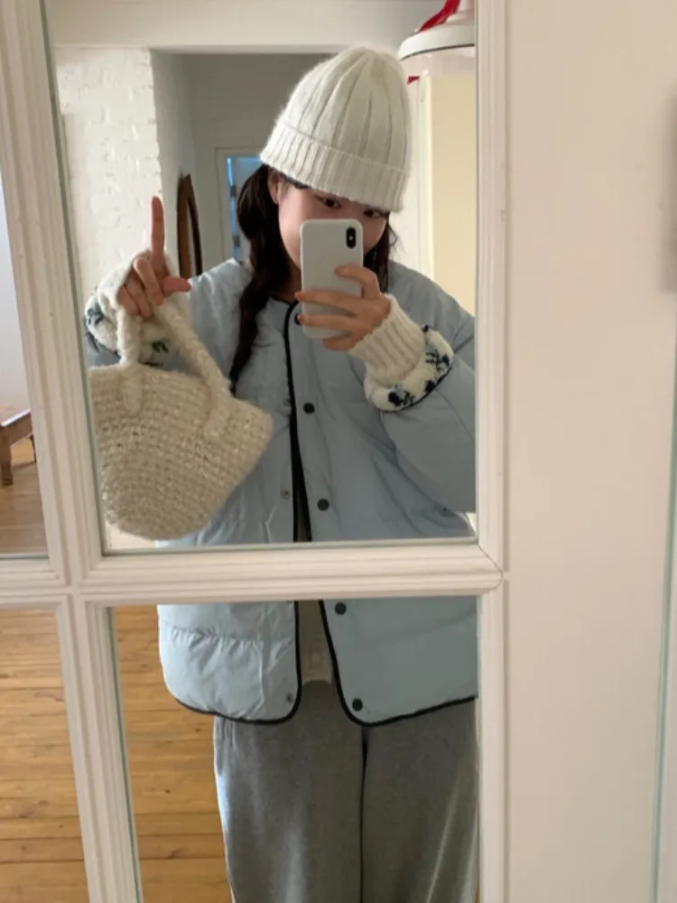 Koreański płaszcz z futra jagnięcego, dwustronny, z efektem matowego wykończenia, w kwiatowy wzór, kolorowy, bawełniany, damski, leniwy płaszcz zimowy, odzież wierzchnia.