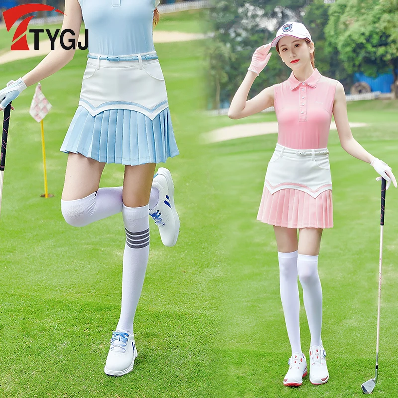 

TTYGJ Golf Clothes Short Skirt Women Pleated Slim Spring Summer Suit Lady Season Sleeveless Tshirt Tennis Sportswear Apparel
