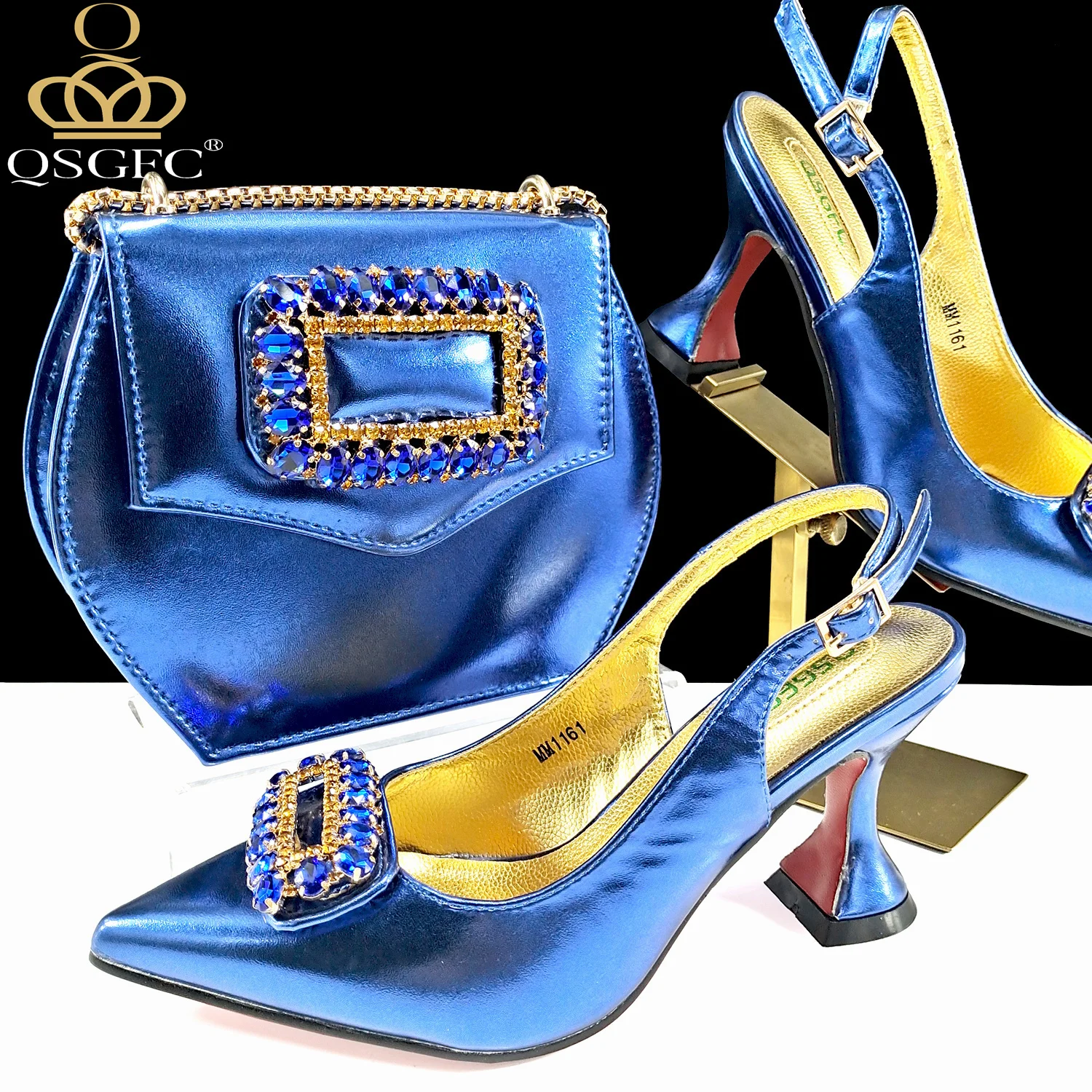 QSGFC Women High Heels Shoes for Women  Rhinestone Italian Designer Royal blue Color Pointed-Toe Shoes and Bags Set