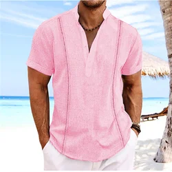 2024 summer new men's short sleeve Henri collar solid color Cuban Guayabera cotton shirt fashion trend beach men's top