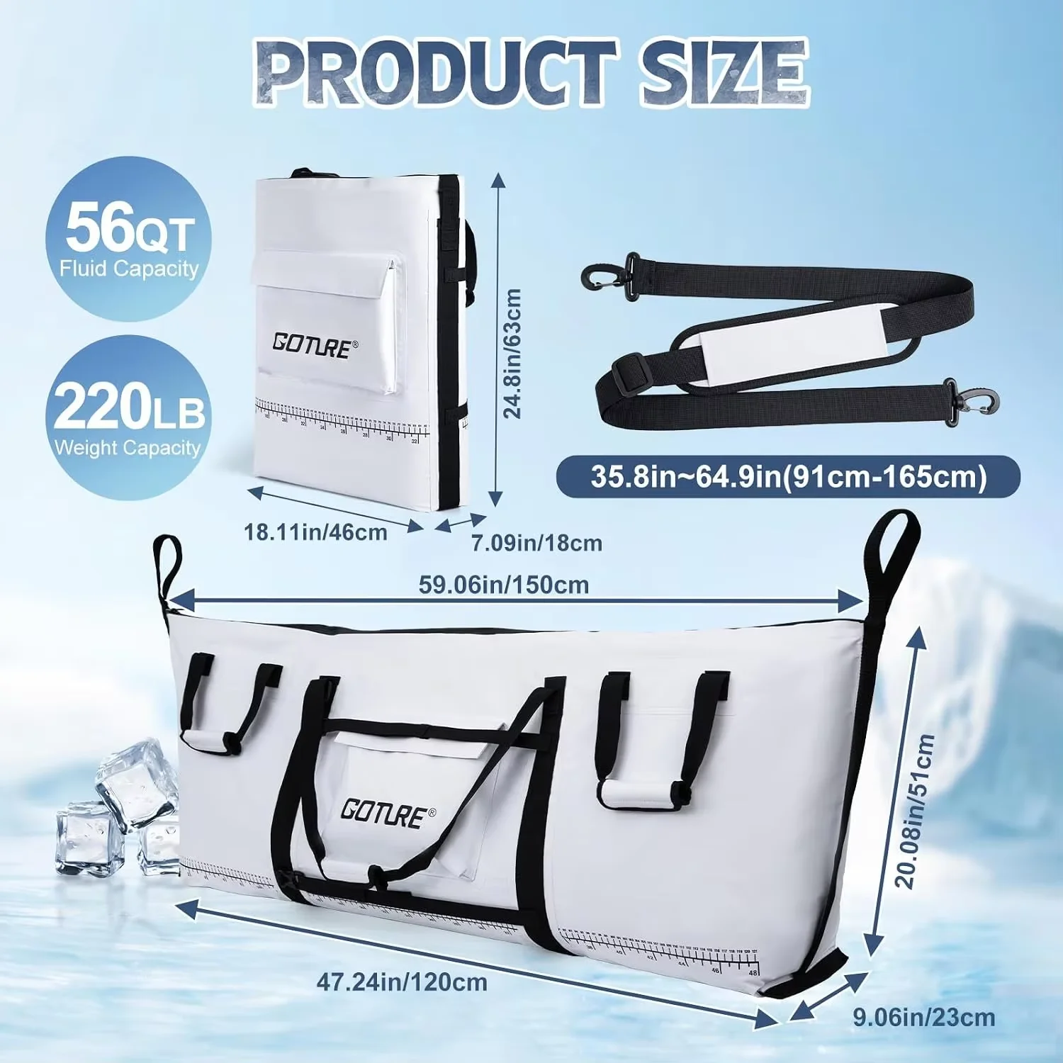 Goture Insulate Fishing Cooler Bag 120*51*23cm Waterproof 500D PVC Live Fish Fresh Keeping Storage Bag with Measuring Ruler