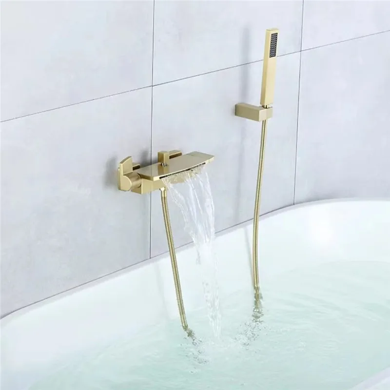 Brushed Gold Bath and Shower Faucet Set Wall Mounted Brass Gray Waterfall Bathtub and Shower Mixer Black Bathroom Taps Brass