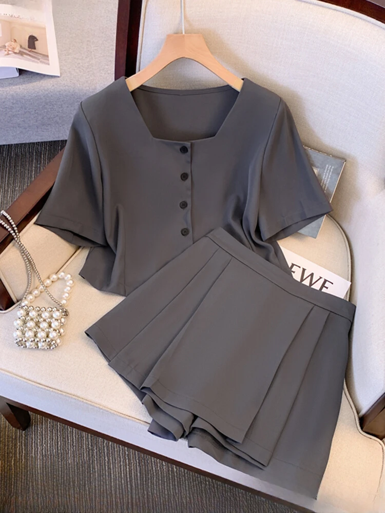 

Plus Size Tea Style Casual Women Suit Pleated Skirt 2024 Summer New Chubby Girl Short-sleeved Shirt Top Half-skirt Two-piece Set