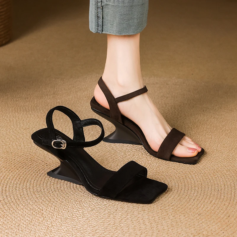 2026 summer women sandals natural leather plus size 22-25.5cm kid suede+sheepskin+pigskin ankle-buckle high heel women shoes view 4