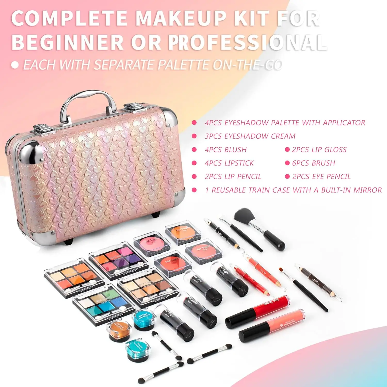 Complete All-in-One Makeup Kit for Beginners - Includes Eye Shadow, Blush, Lip Gloss, Brushes & Mirror in Pink Heart Design