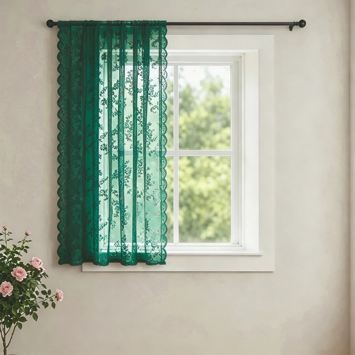1 Stück französischer Vintage-Rosenspitzenvorhang mit wellenförmigen Rändern, kleiner dekorativer Fenstervorhang ohne Löcher – Detail 11
