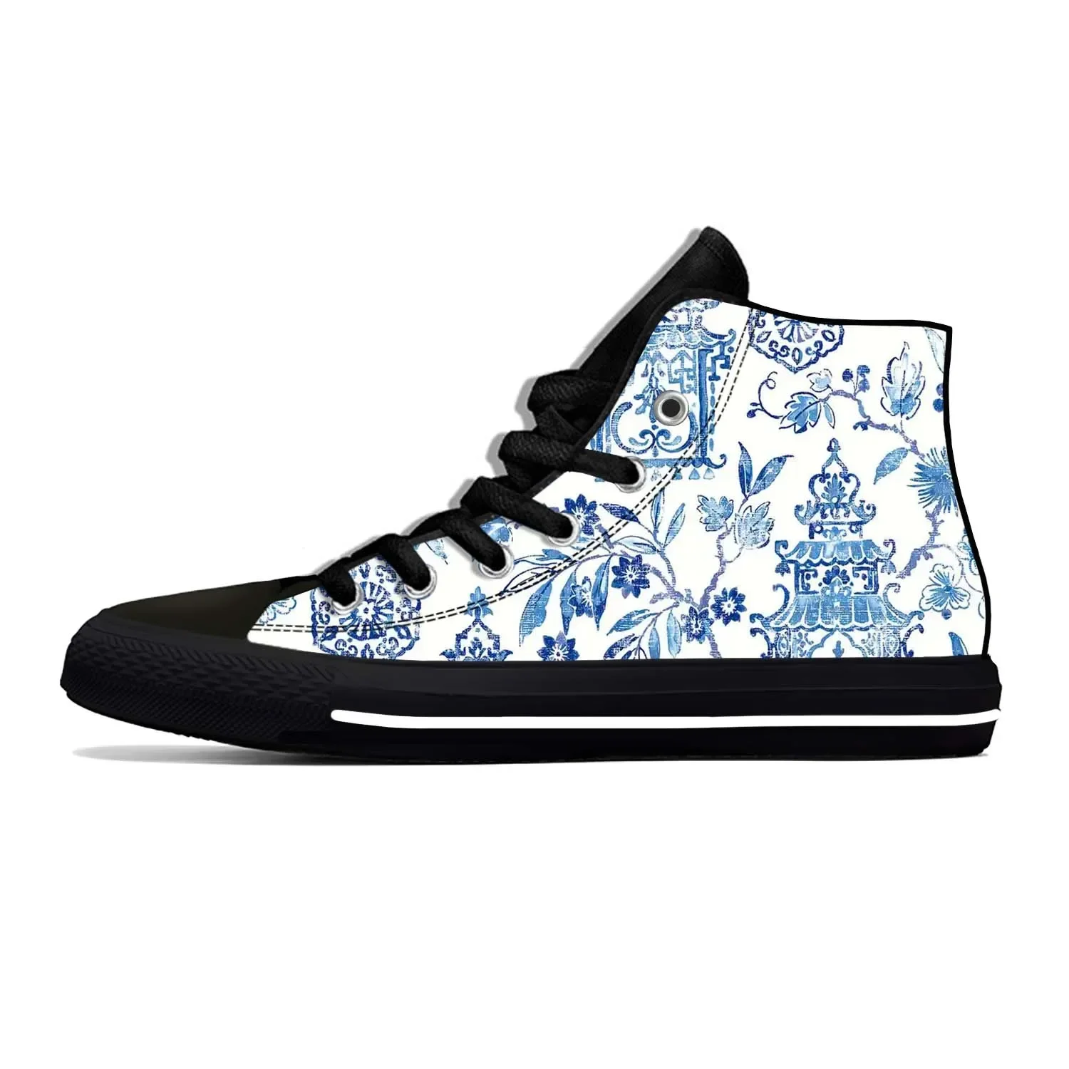 Blue White Willow Pagoda Chinoiserie Pattern Cool Casual Cloth Shoes High Top Comfortable Breathable 3D Print Men Women Sneakers