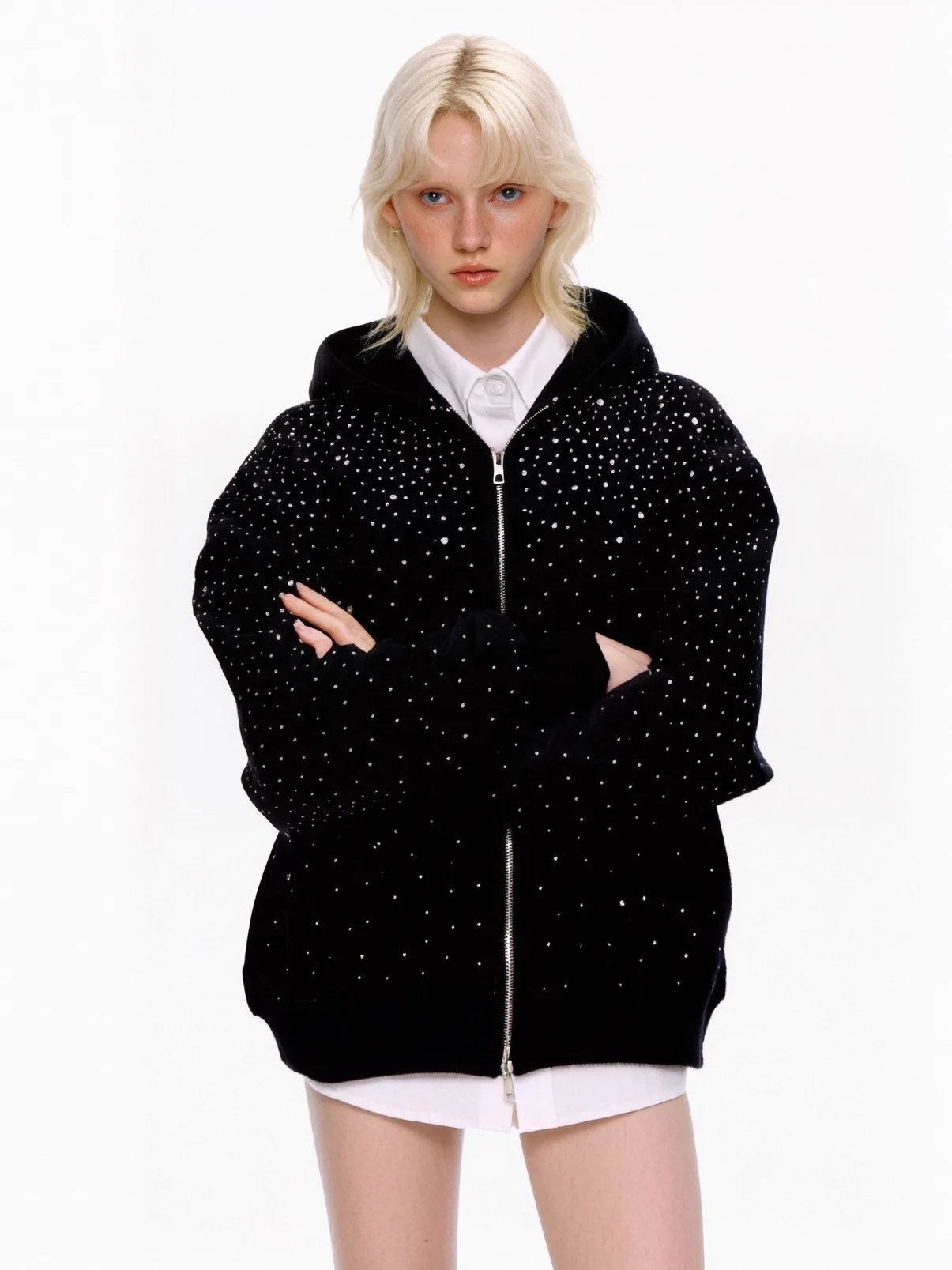 Lazy Style Glittering Zipped Long Sleeve Hoodie Open Cardigan Sweater Women's Loose Fit Fashionable Commute Style Single Piece
