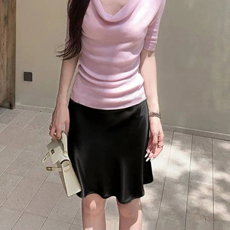 Women's Fashion Skirt Smooth Satin Fiber Elegant Trumpet Tail Midi Skirt Summer Elastic Waist Female Chic Lady Bottoms Skirts