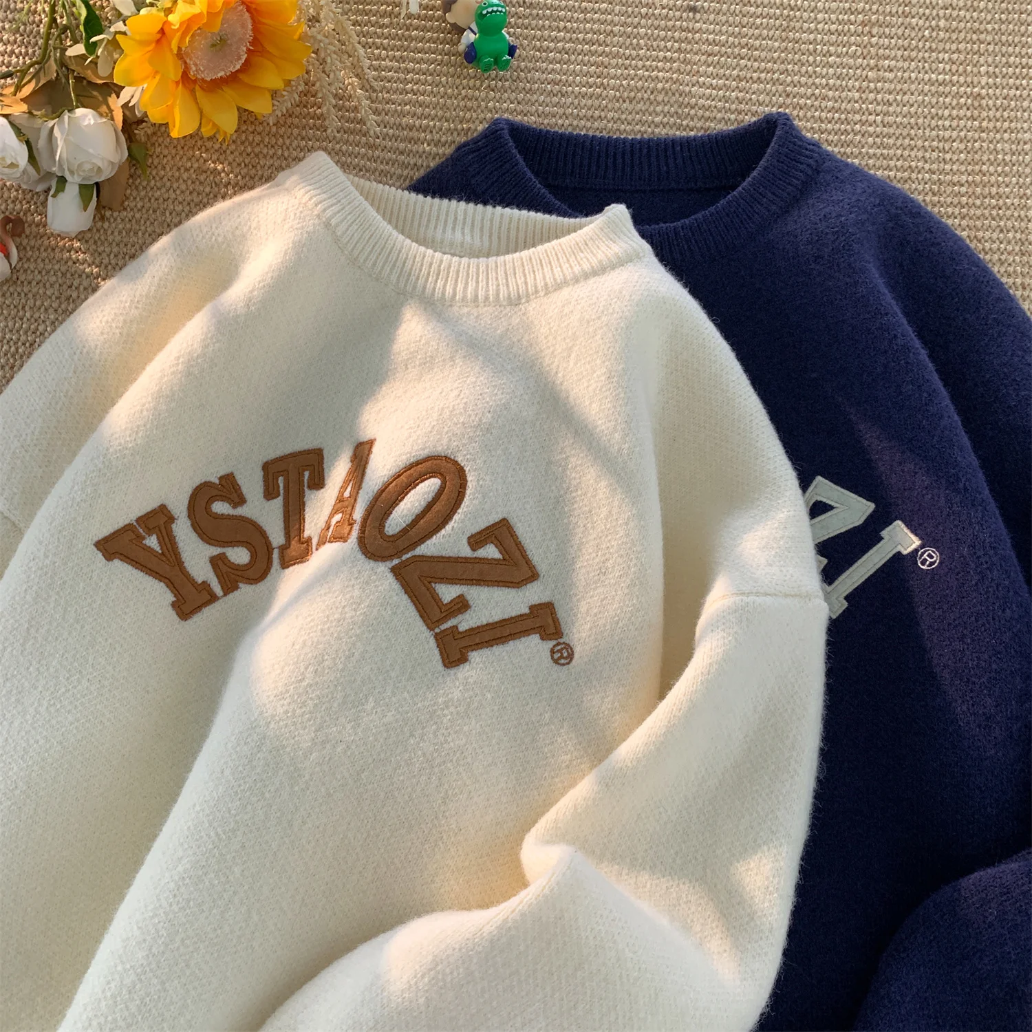 

Men's round Ne Knitwear Spring Autumn Loose Fit Embroidered Letter Design Base irt Casual Comfortable Long Sve Top