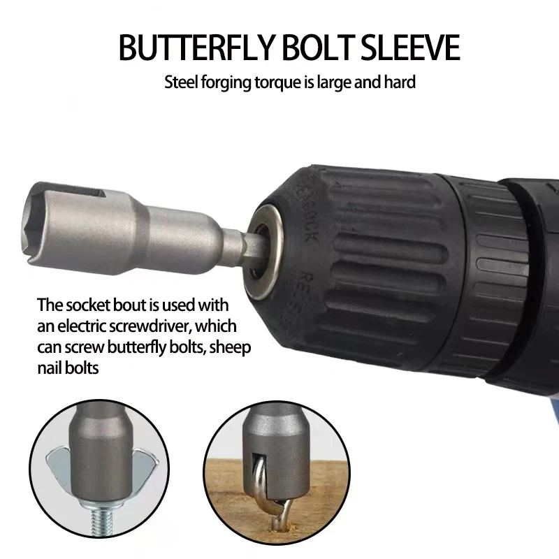 High Carbon Steel Butterfly Bolt Socket Wrench Adapter, 6.35mm Hex Shank Nut Driver for Electric Drill, Clip-On Closure, 1 Piece