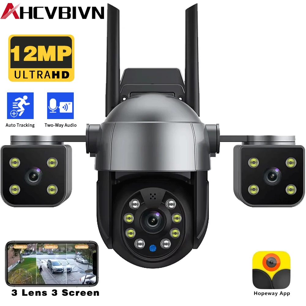 

3 Lenses, 3 Screens, 6K 12MP WiFi Surveillance Camera, Outdoor AI Human Detection, Safety CCTV PTZ IP Camera