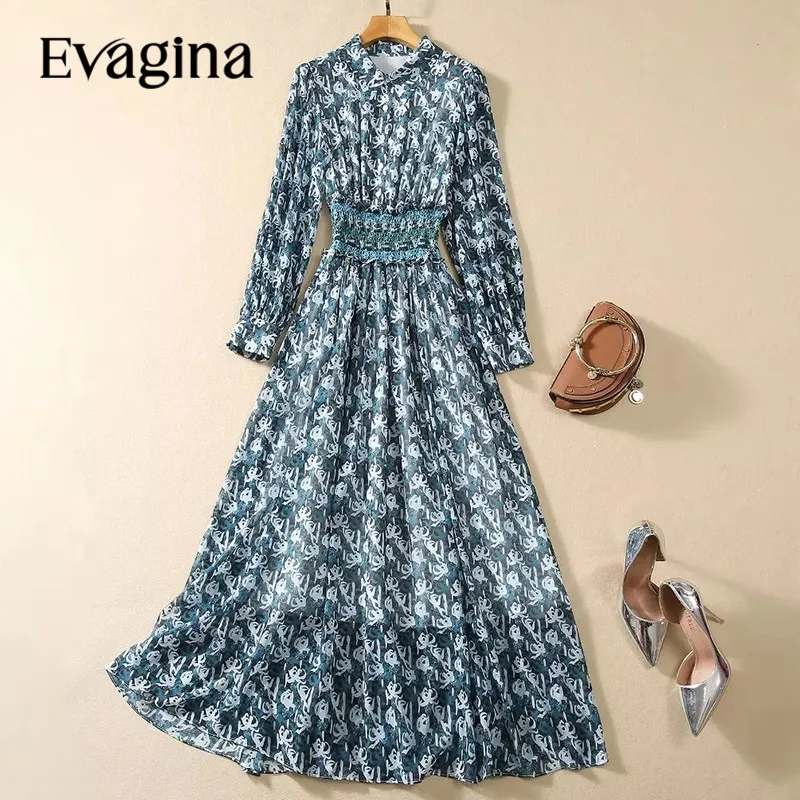 

Evagina New Fashion Runway Designer Women's Autumn Lapel Collar Long Sleeved Printed Chiffon Style Flower Color Dress