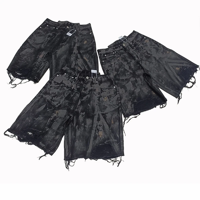 Firmranch New Korean Fashion Retro Stylish Baggy Ripped Jorts For Men Women Distressed Mud-dyed Loose Denim Shorts Fifth Pants