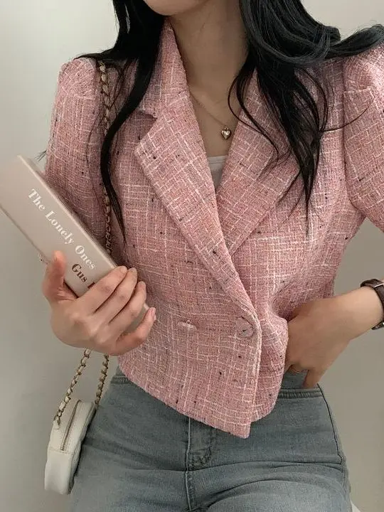 

Women's ort Loose Tweed Jaet Spring New Sle Retro Turn-down Collar Two-button High-ade Outerwear Top Bubble Sve