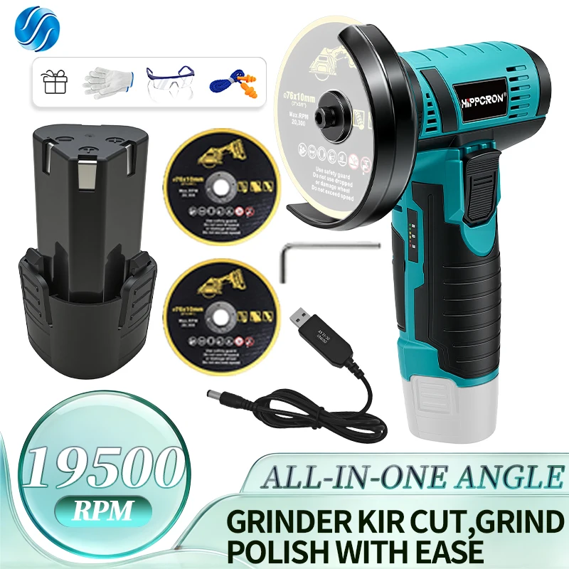 Hippcron 12V 19500 RPM Electric Portable Angle Grinder Cordless Polishing Mini Cutting Blade Grinder Machine Lithium Battery