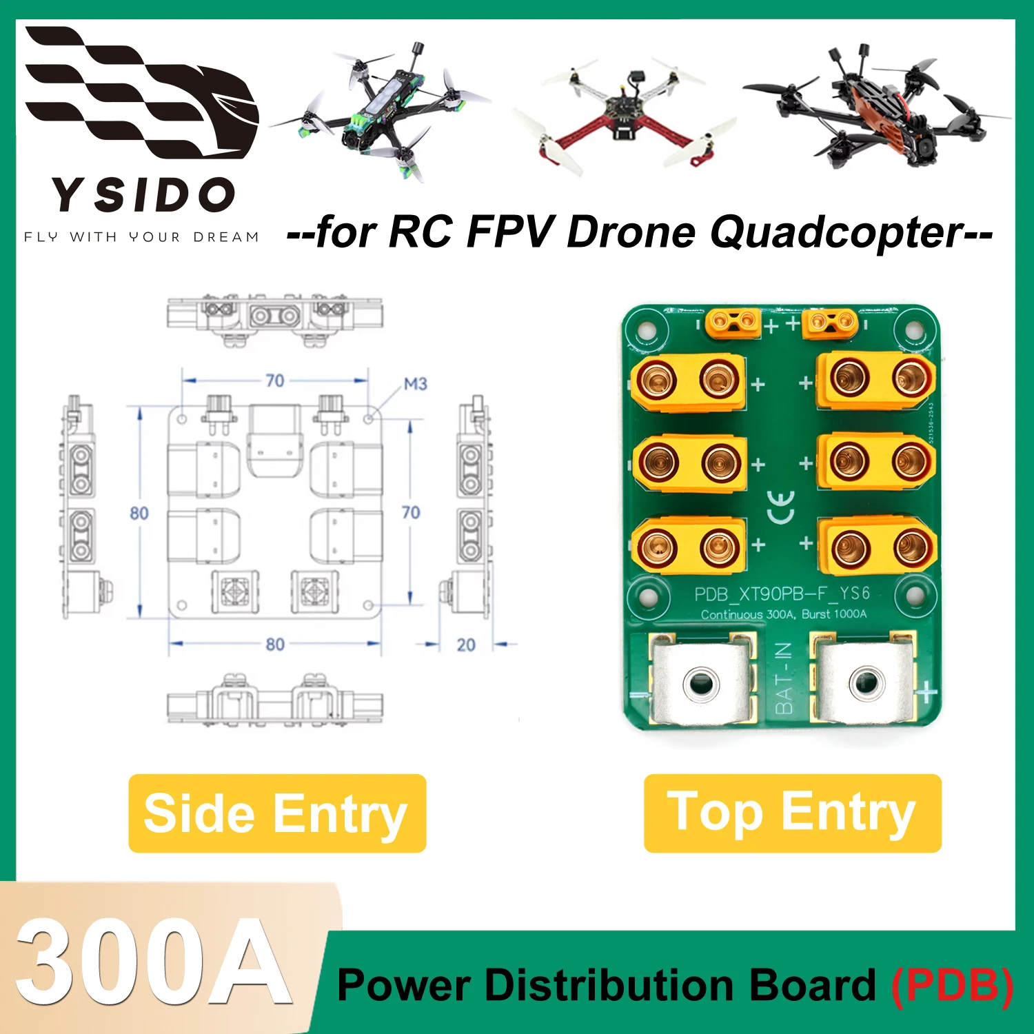 

RC FPV Drone Quadcopter Power Distribution Board 300A Top/Side Entry Compatible PM08 Series Power Modules Support High Current