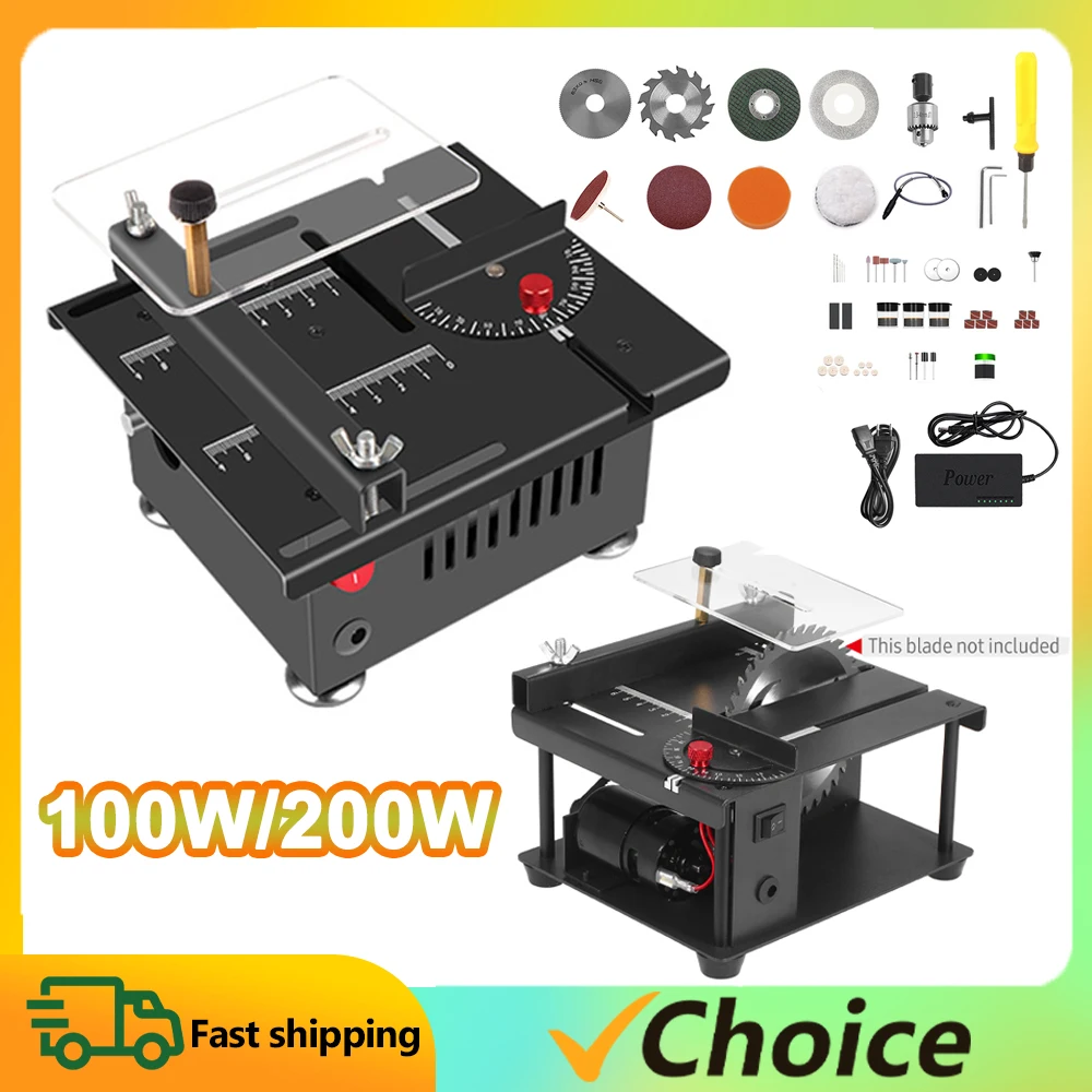 100W/200W Table Saw Mini Desktop Electric Saw Cutter Speed & Angle Adjustable Liftable Blade 16MM for Wood Plastic Cutting