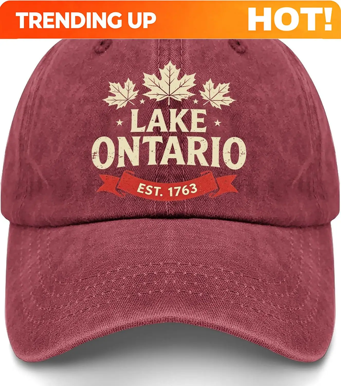 Customization Lake Ontario Est. 1763 Vintage Printed Dad Hat Unisex Washed Baseball Cap Great Lakes Maple Leaf Outdoor Gift