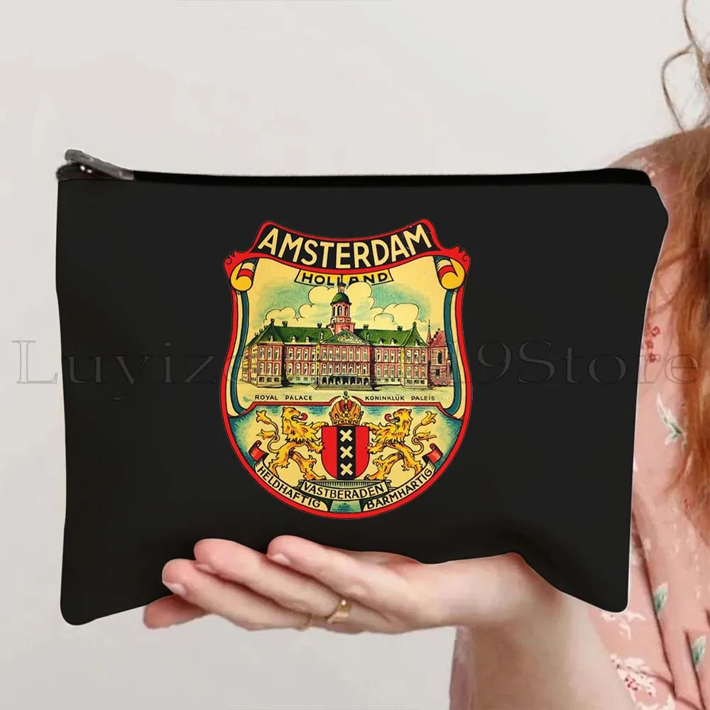 Amsterdam Landmark Skyline Emblem Bandera holandesa de Países Bajos Mapa Regalos de viaje Bolsa de maquillaje cosmético de lona Estuche para lápices Bolsa con cremallera