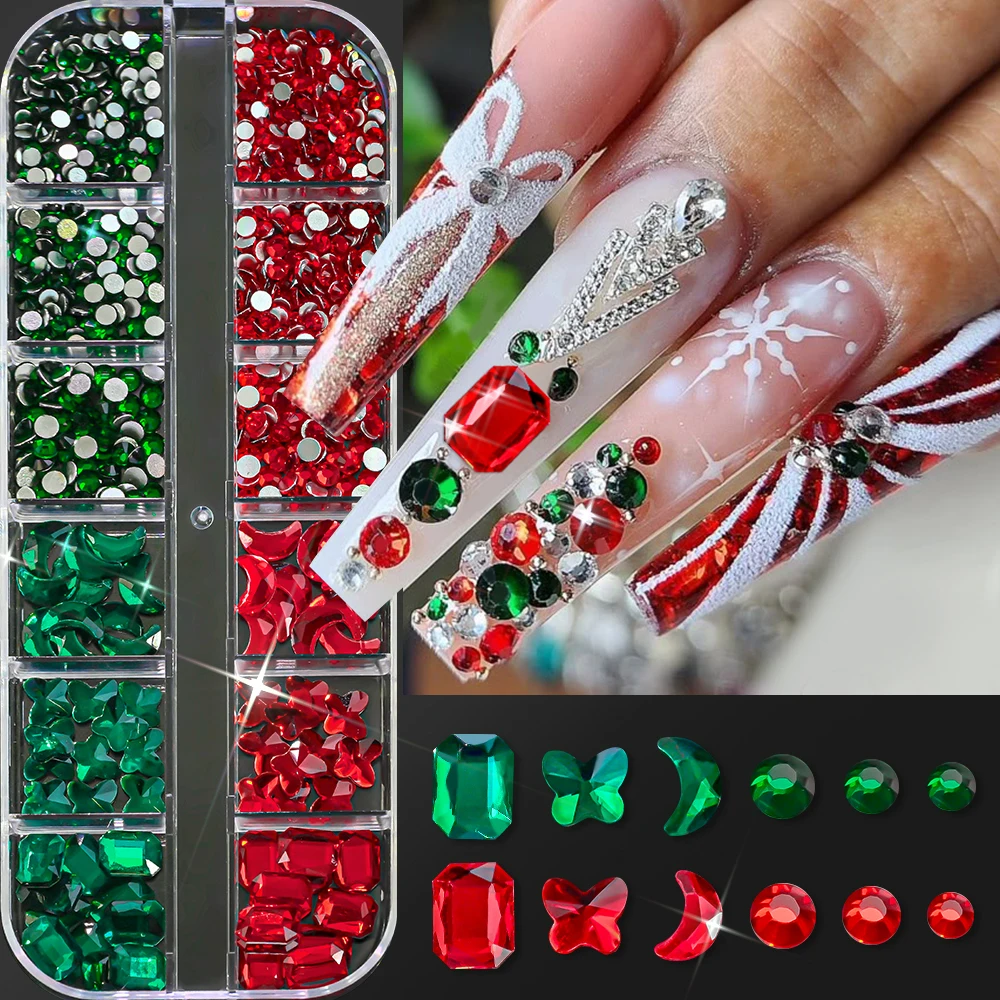 12 grilles de noël rouge vert, pierres précieuses pour ongles, strass à dos plat, papillon lune, forme ronde, cristal, diamant, accessoire de manucure