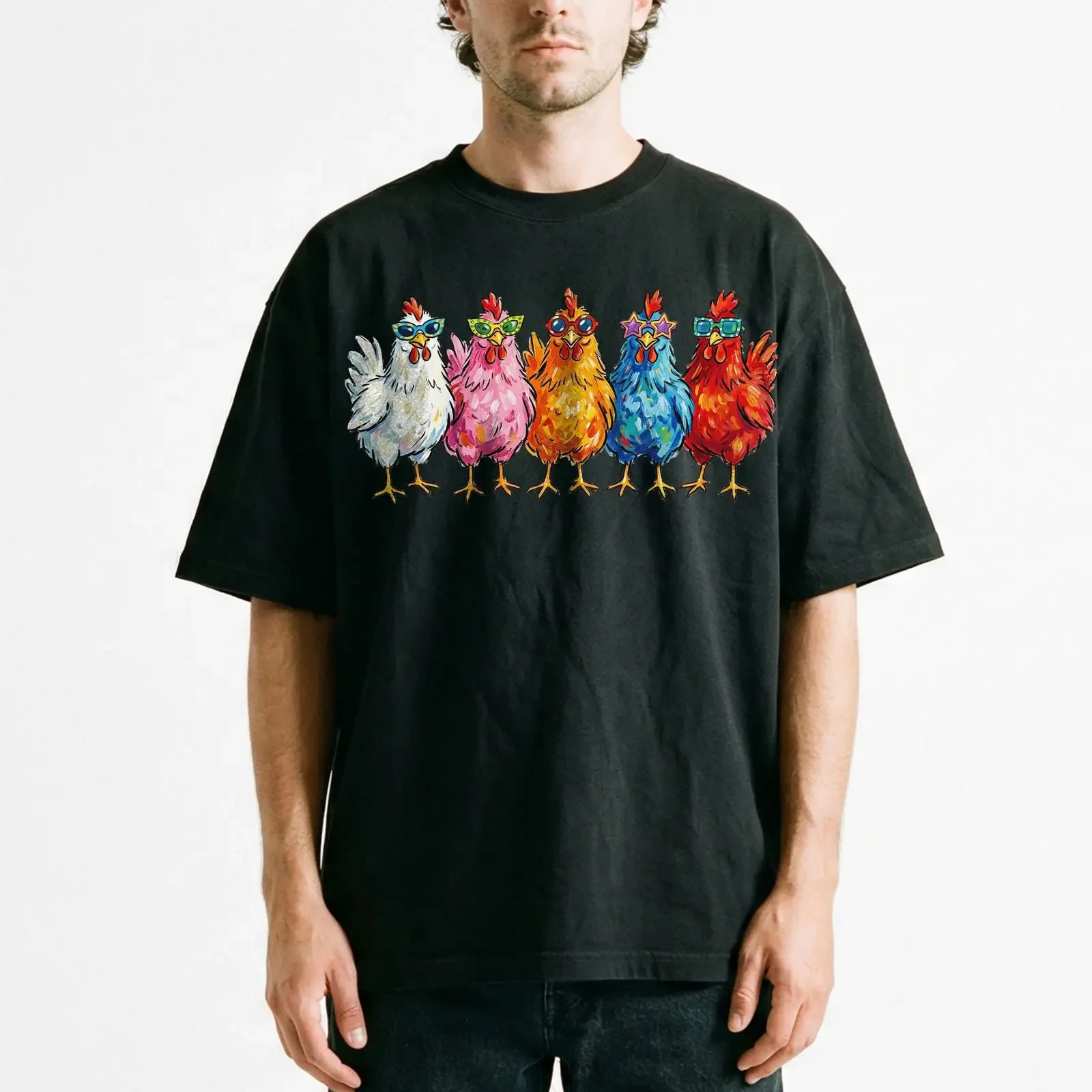 Cool Chickens Sunglasses Funny Farm Flock T Shirt Colorful Poultry Humor vintage Washed Versatile streetwear Stretched Unisex