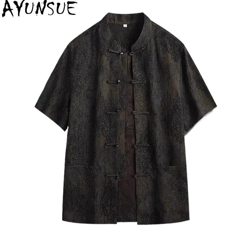 

AYUNSUE Luxury 100% Real Mulberry Silk Shirt for Man Summer Top Jacquard Watered Gauze Shirt High-end Short Sleeve Shirts Men