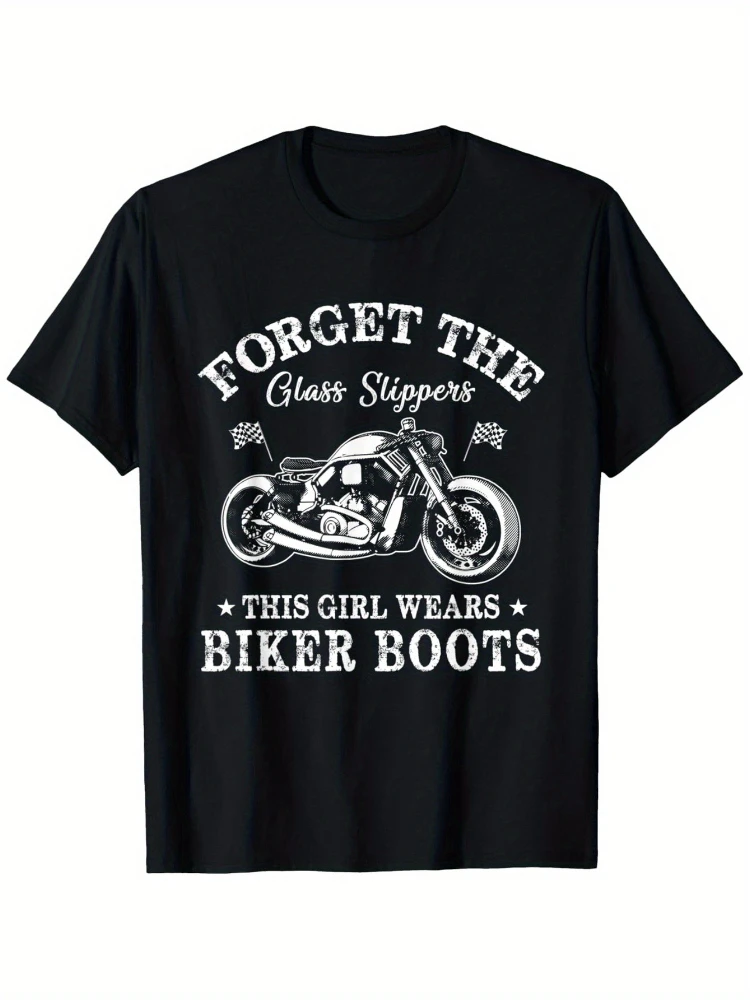 

Forget the glass slippers, this girl is wearing a T-shirt with motorcycle boots-soft cotton casual O-neck motorcycle pattern.