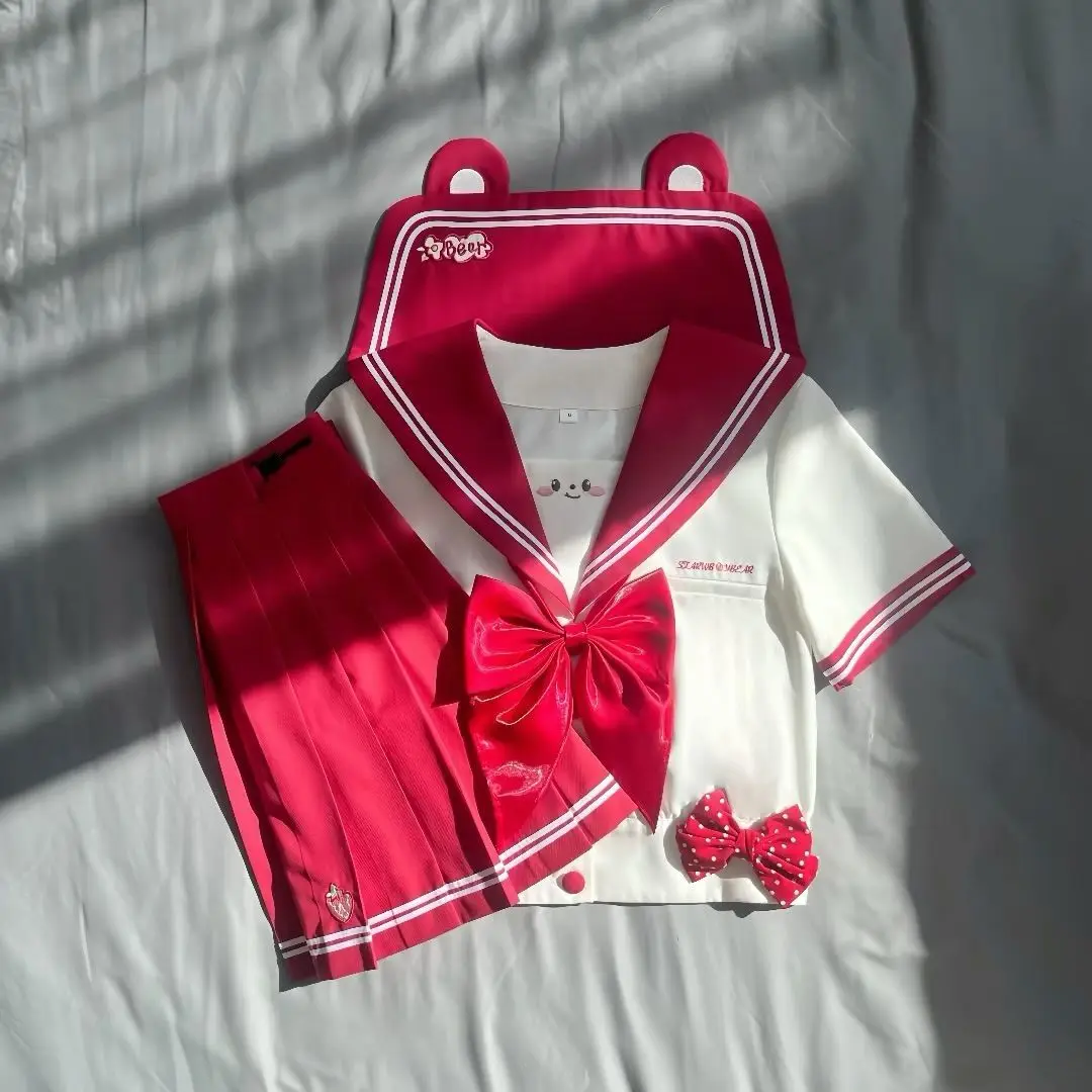 Rode beer patroon JK afslankuniform Japanse stijl taille-cincerend matrozenpakje College lange set met korte mouwen Authentiek schattig
