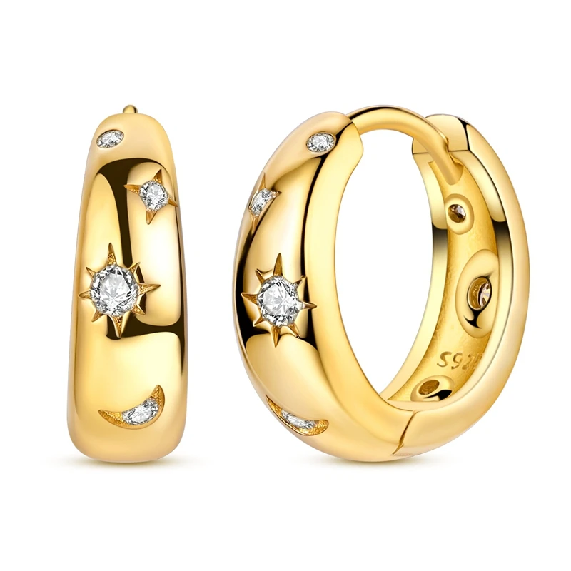 Ohrringe aus 925er-Sterlingsilber für Damen, funkelndes Gold, Sonne, Mond und Sterne, Creolen für Jahrestag, Hochzeit, Schmuck, Geschenke