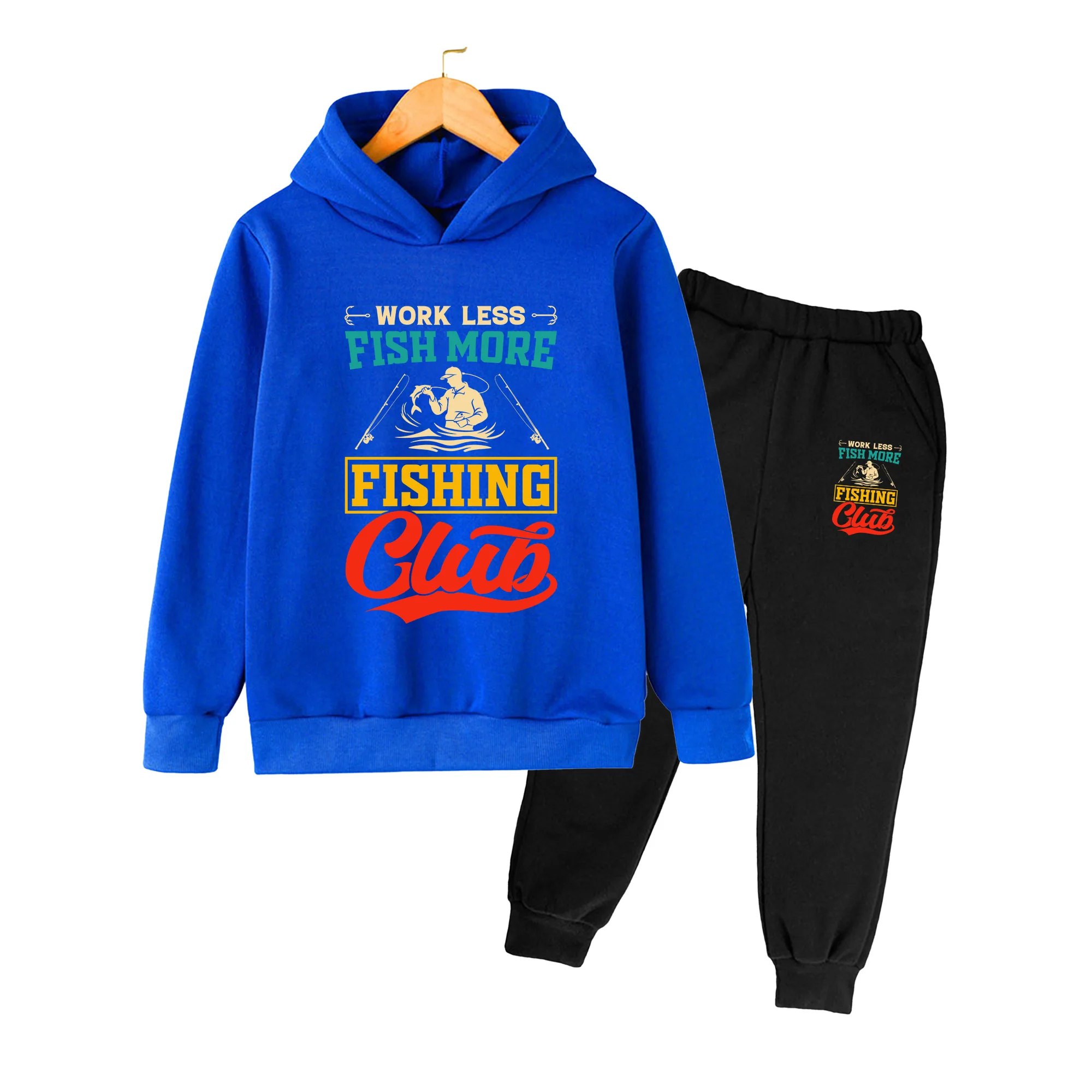 Kids Hoodie & Sweatpants Set, WORK LESS FISH MORE Fishing Club Print Casual Sportswear for Boys Girls