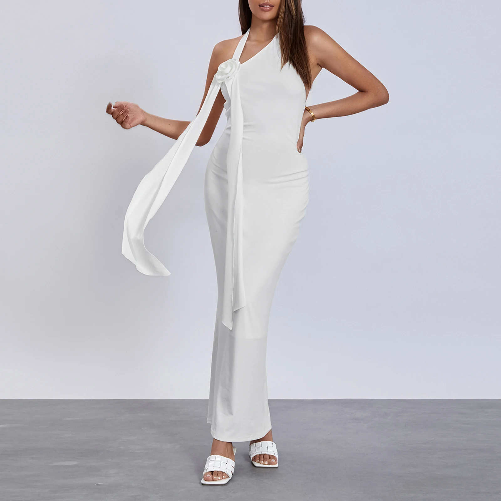 

Fashion Women's Halter Neck Long Dress Elegant 3D Flower Sleeveless Backless Bodycon Dress Solid Color Beach Dress Streetwear