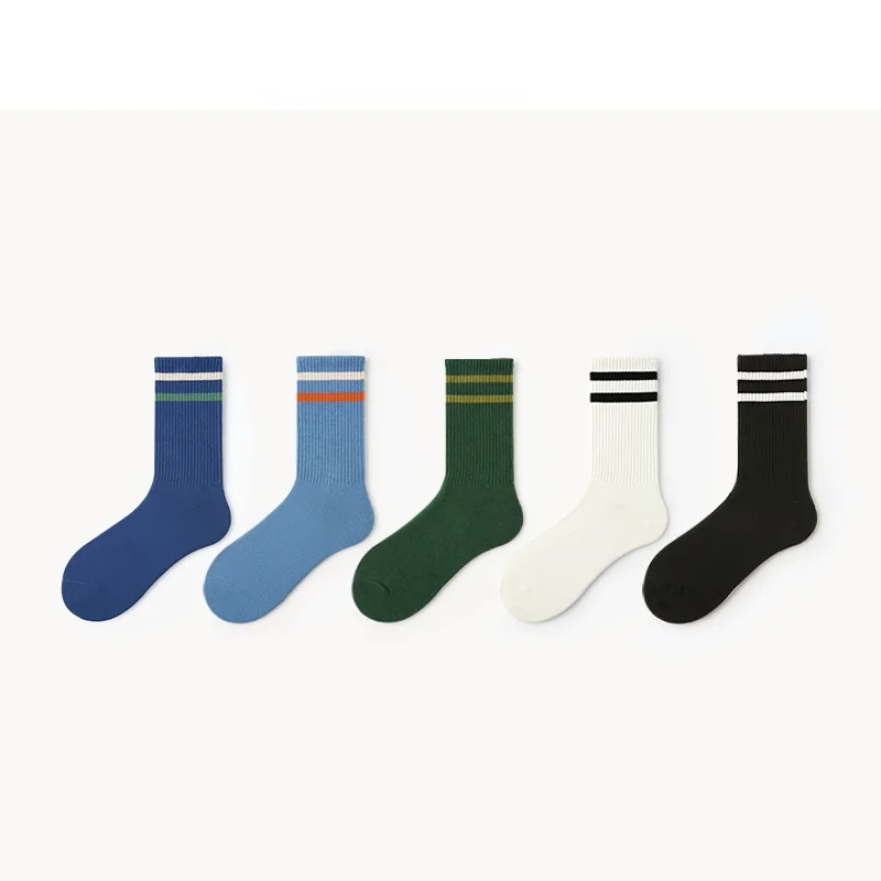 Pure color horizontal bar sports tube socks three yarn texture men and women simple cotton socks couple socks