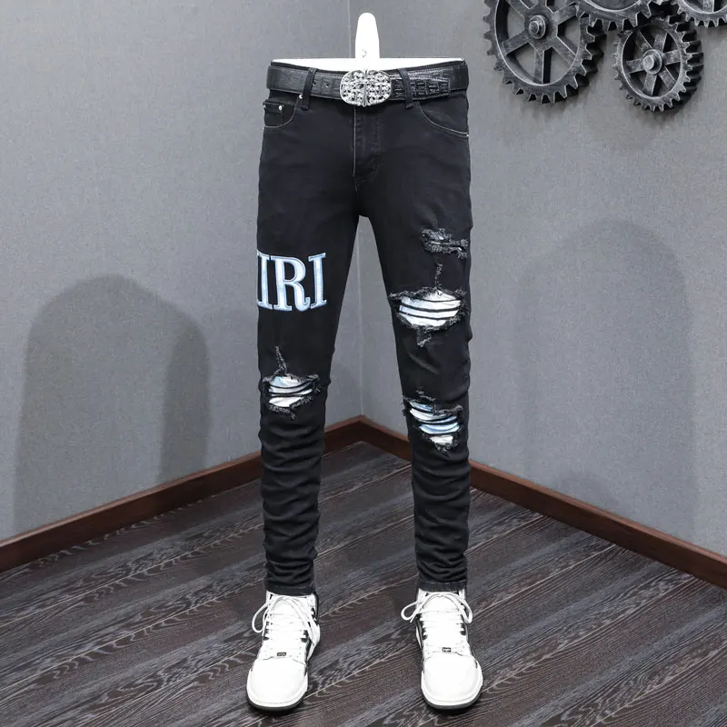 Fashionable new men's jeans with elastic tight fit and white patch splicing, designed by hip-hop brand retro black pants ho