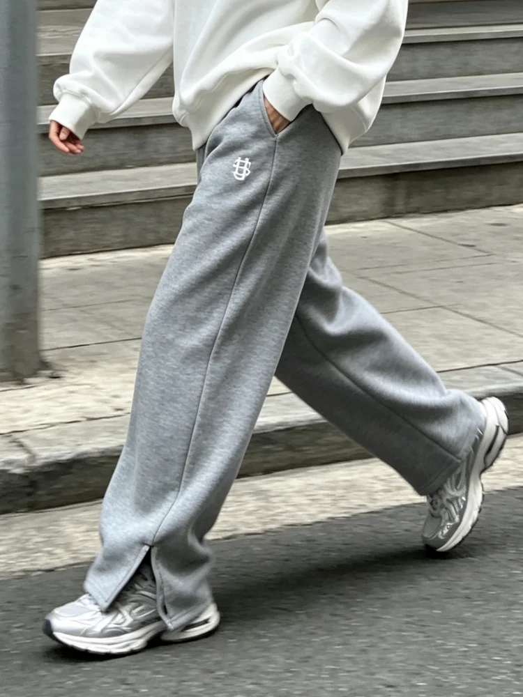 Y2k Street Trendy Hosen für Damen, Hip-Hop-Stickerei, Unisex Freizeithosen, elastischer Bund, Reißverschluss, locker geschnittene, einfarbige Sport-Sweatpants – Detail 6