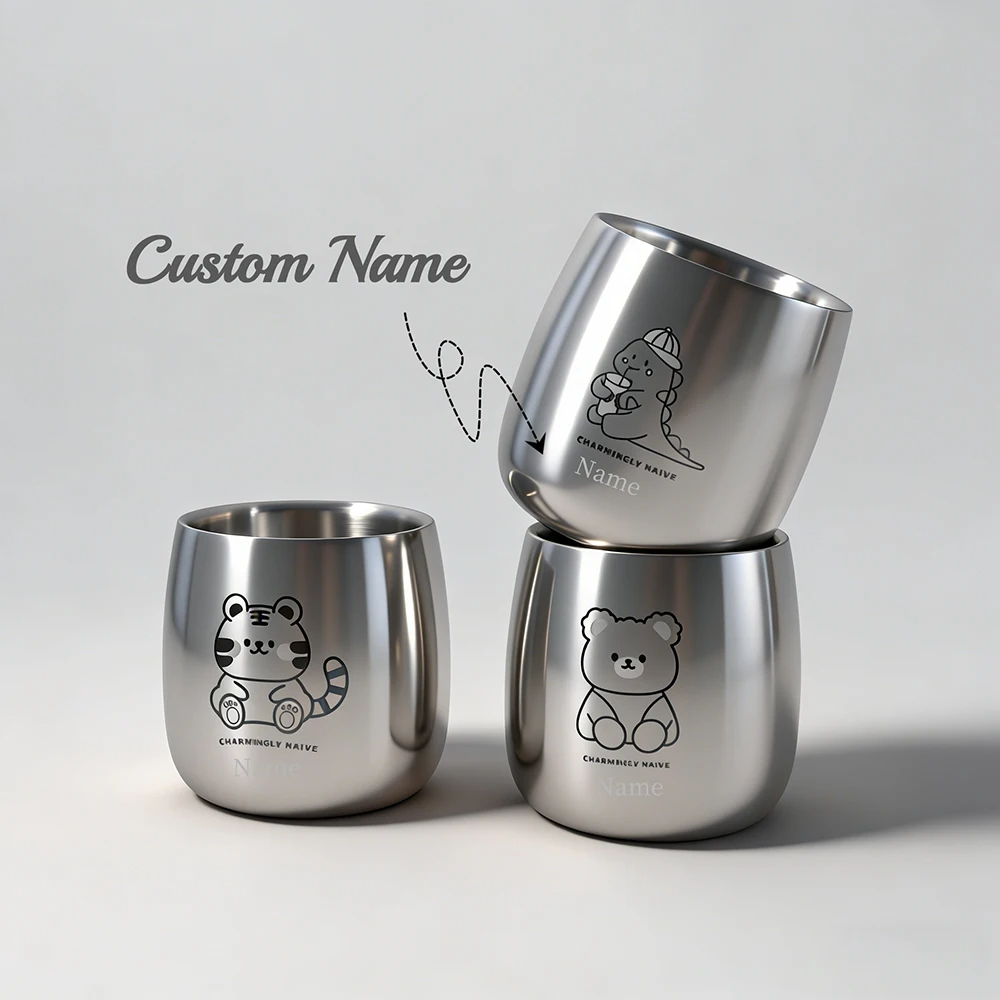 Custom Name Baby Cute Cartoon Stainless Steel Cup Baby Silicone Dinosaur Tiger Toddler Kid Water