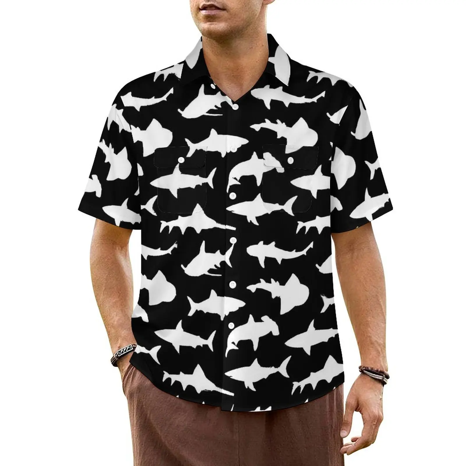 White Sharks Casual Shirt Animal Print Classic Hawaii Shirts Male Short Sleeve Beach Comfortable Pattern Plus Size 7XL Blouses