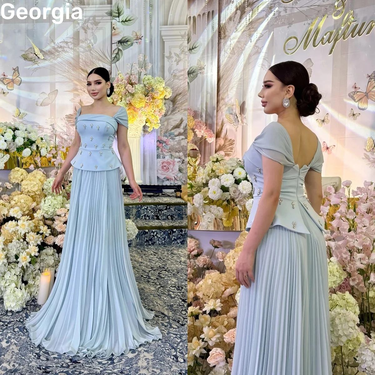 

Роскошное вечернее платье в Дубае на заказ, трапециевидное платье длиной до пола с рюшами для выпускного вечера, платье с квадратным вырезом на молнии и короткими рукавами