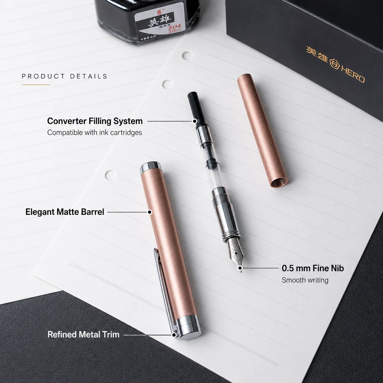 HERO 8203 Fountain Pen, 0.5mm Stainless Steel Irridium Nib, 4 Colors, Gift Box, Swivel Ink Converter, Slip-Resistant for Writing