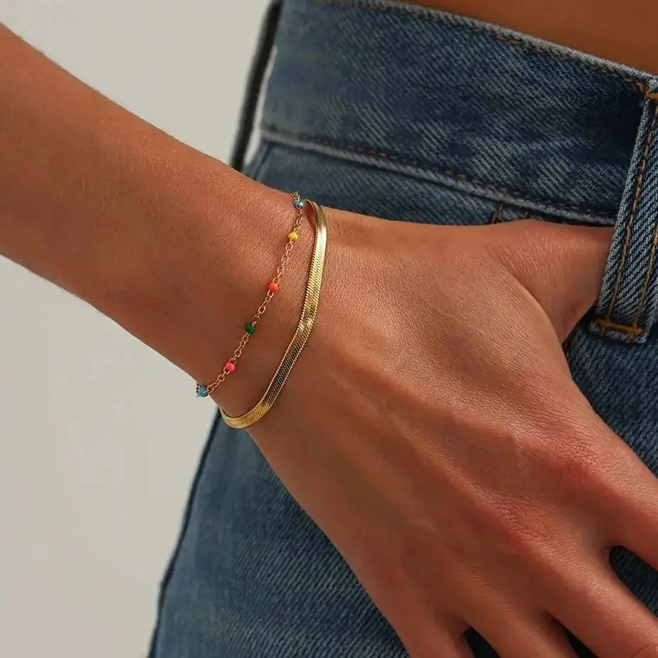 

Lacteo 2026 New Colorful Beaded Chain Bracelet Women Summer Luxury Gold Color Stainless Steel Bangles Wedding Aesthetic Jewelry