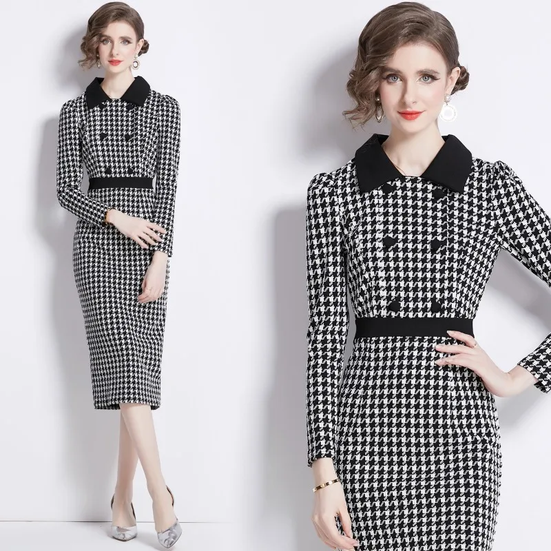 Lapel Black and White Plaid Dress Autumn and Winter Vintage Slimming Dress Vestido