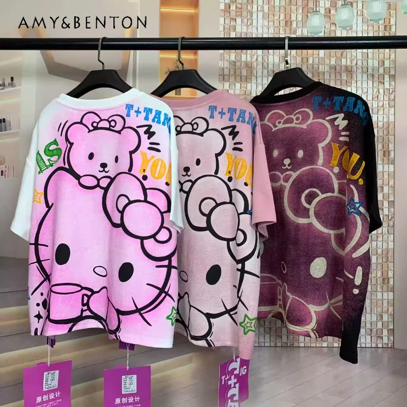 

2025 Autumn New Heavy Industry Y2k Loose Tshirts Full Diamond Cartoon Fashion Cute Sweet Short Sleeves T-shirt Pullover Ladies