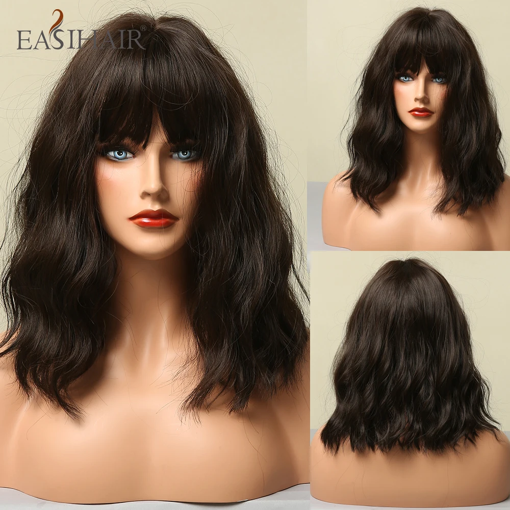 EASIHAIR Dark Brown Synthetic Wigs Short Wavy Bob Wigs with Bangs for Women Daily Cosplay Natural Hair Wig Heat Resistant Fiber